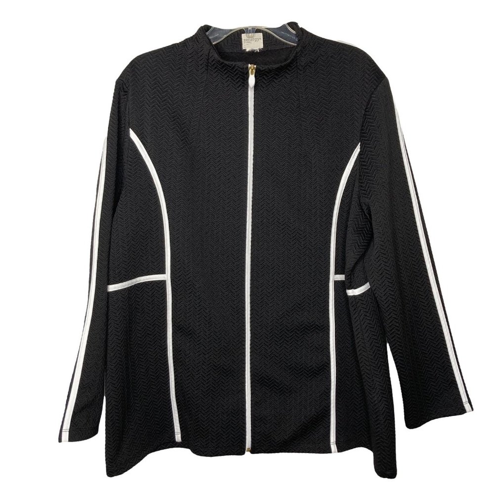 Chico's Zenergy Women's Black Textured Framed Jacket White Zip Up Lightweight XL